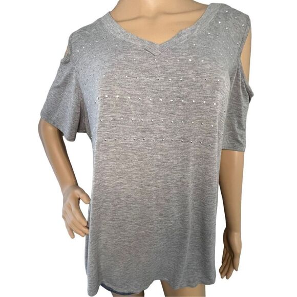 Belldini Short Sleeve V-Neck Blouse With Exposed Shoulder and Sequins - Picture 2 of 5